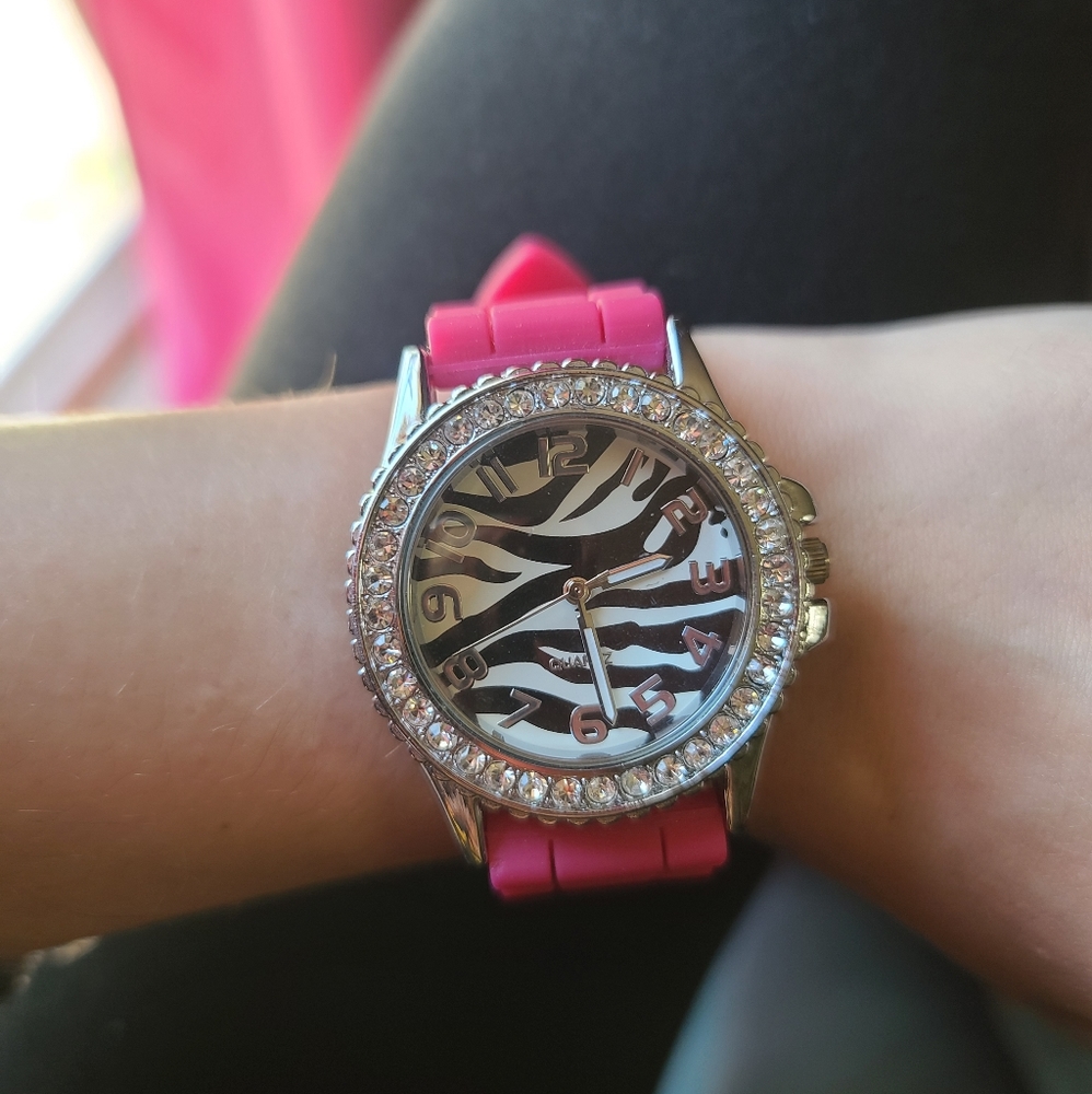 Pink Zebra Rhinestone Watch